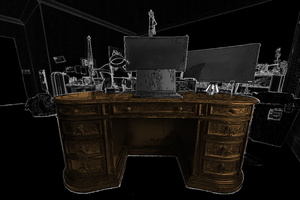 Line drawing of a desk with a laptop and monitors